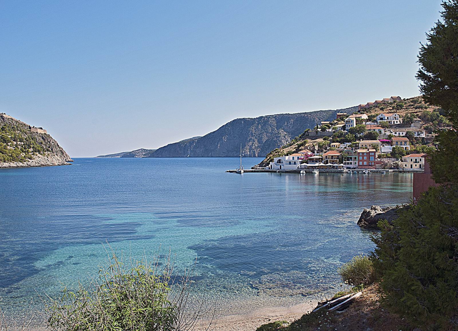 The bay and village of Assos in Kefalonia seen from above